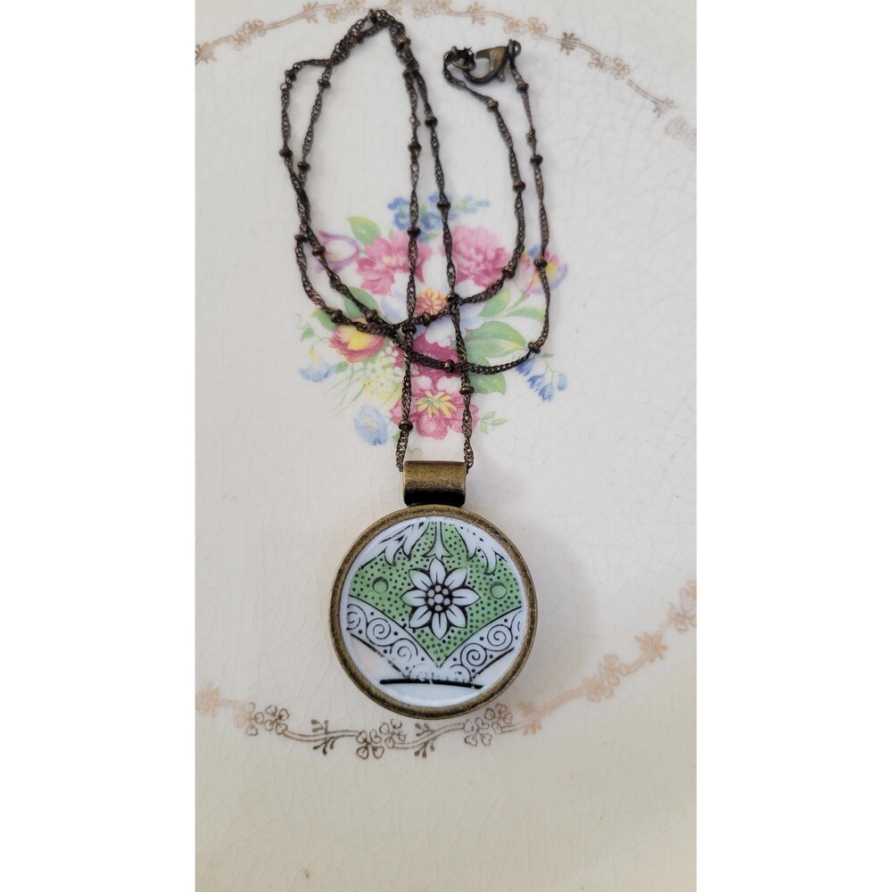 Handcrafted Broken China Pendant Necklace, Green Floral Bezel